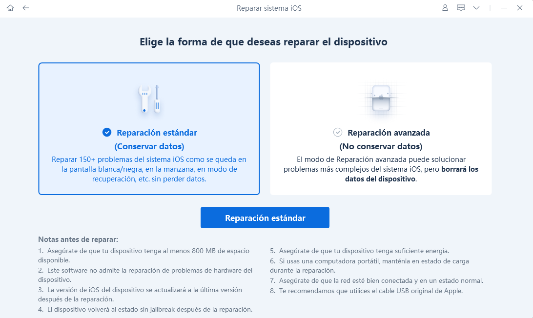 elegir reparación estándar